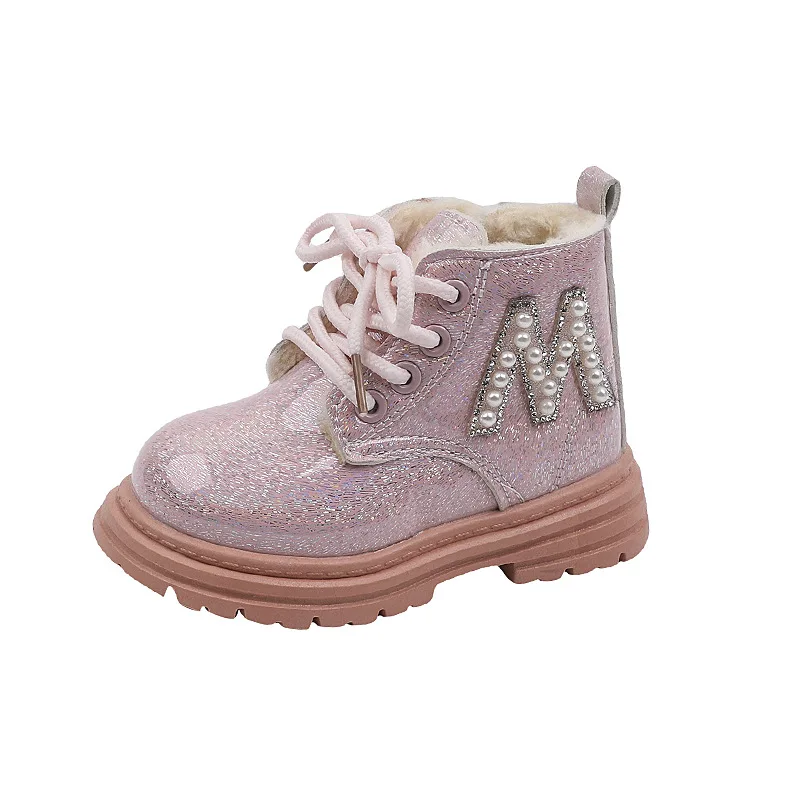 Inverno autunno bambini stivaletti ragazze Bling Bling stivali in pelle ragazzi lettera decorazione stivali bambino caldo cotone scarpe