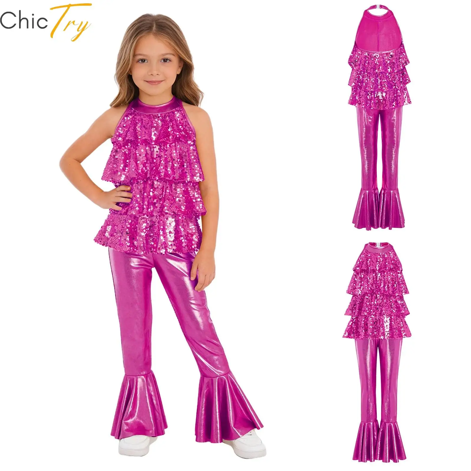 

Детский танцевальный комбинезон для девочек с пайетками, многоярусными оборками, на бретелях, с открытой спиной, расклешенный, для танго, румбы, выступлений