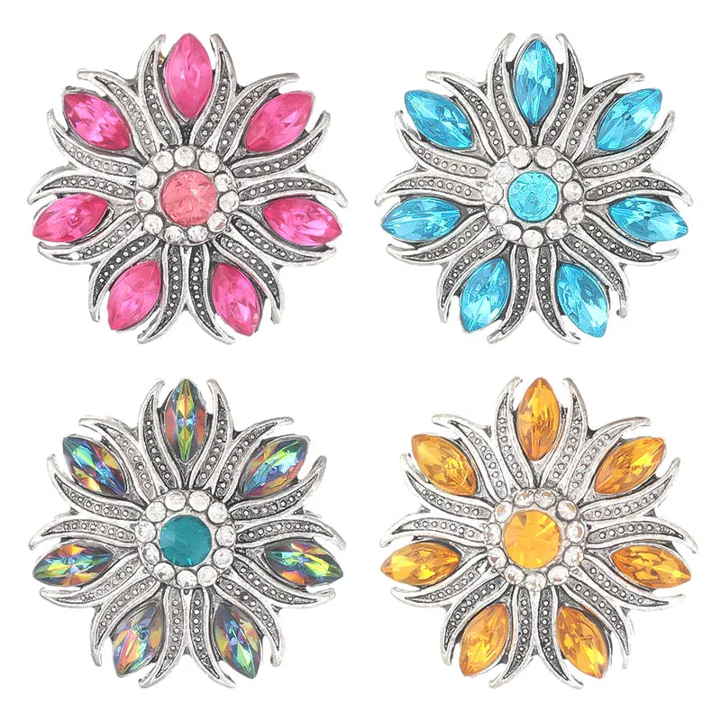 New Beauty Colorful Rhinestone Flowers 18MM snap buttons fit DIY snap bracelet necklace jewelry wholesale