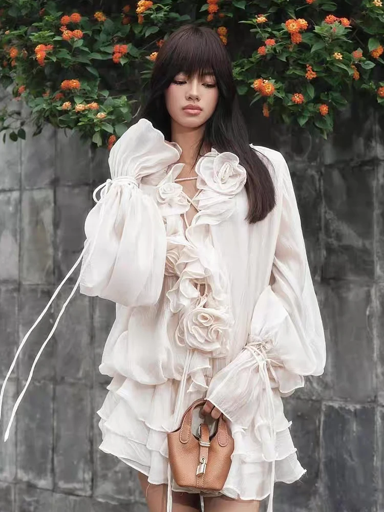 

Spring 2025 women's short skirt, drawstring tie, applique, loose low-waist dress, fashionable multi-layered ruffled puffy dress