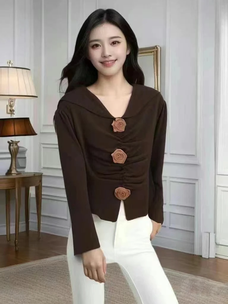 

Mujer V-neck Long Sleeve Women Pullover Coat Solid 3D Flower Tunic Fashion Pull Femme Knitted 2024 New Chic Sweet Sweater Tops