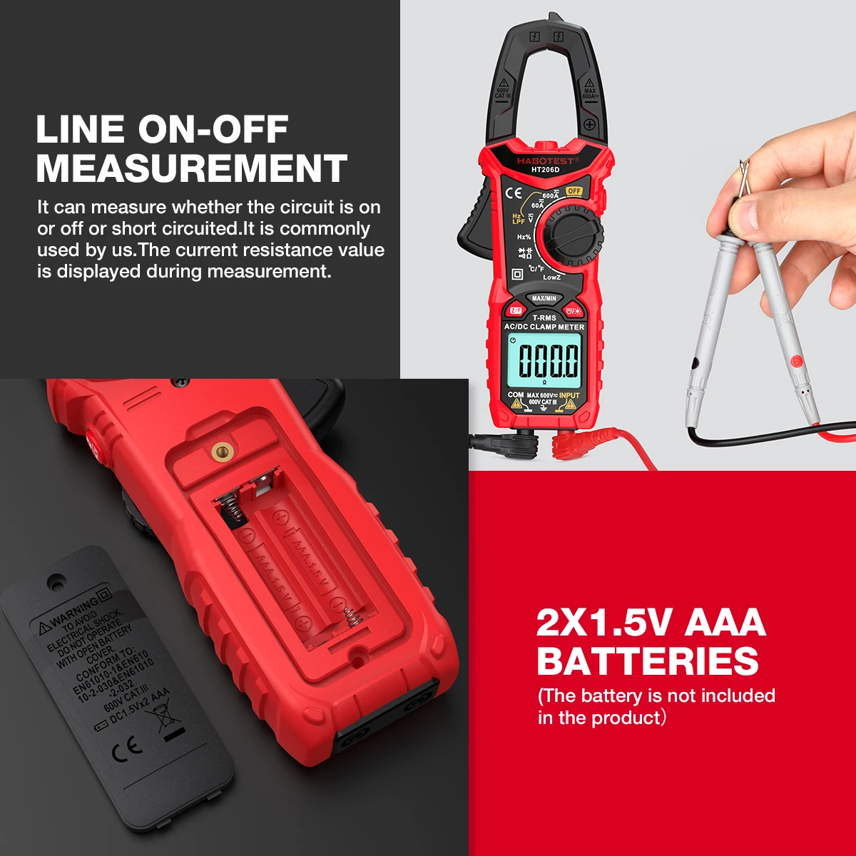 HT206D AC DC Digital Clamp Meter Multimeter Pinza Amperimetrica True RMS High Precision Capacitance NCV Ohm Hz Tester