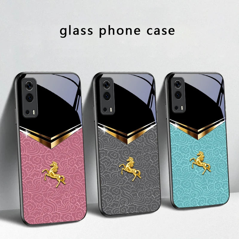 Dark Night Golden Horse For vivo Y100 Y33s Y03 Y36 Y35 Y52 Y72 Y55 Y16 Y76 Y75 Y72 5G iQOO 12 Z9 Turbo Black Glass Phone Case view 3