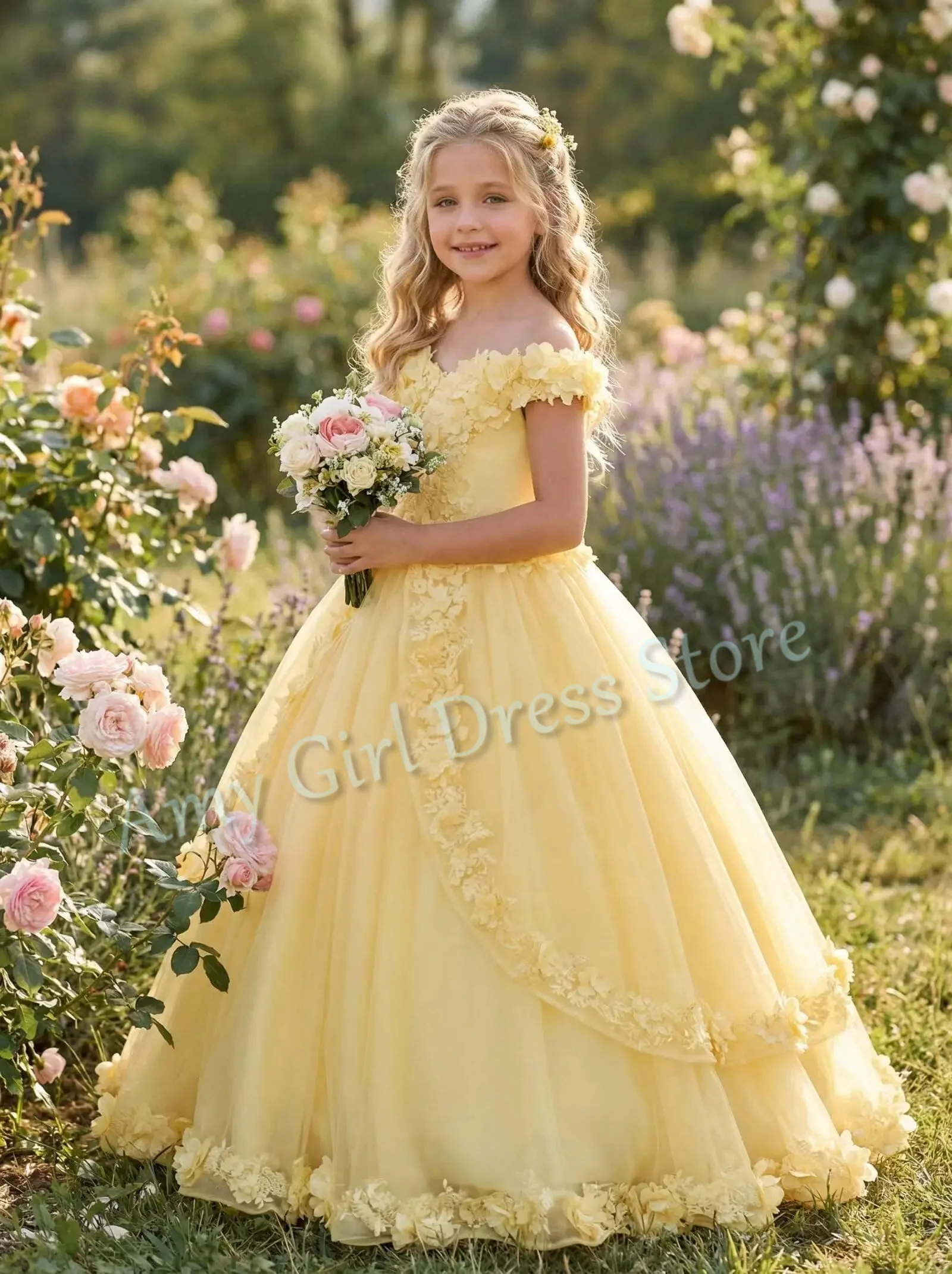 Elegant Yellow Flower Girl Dress For Wedding Floral Appliques Floor Length Princess First Communion Bridesmaid Gown Customized