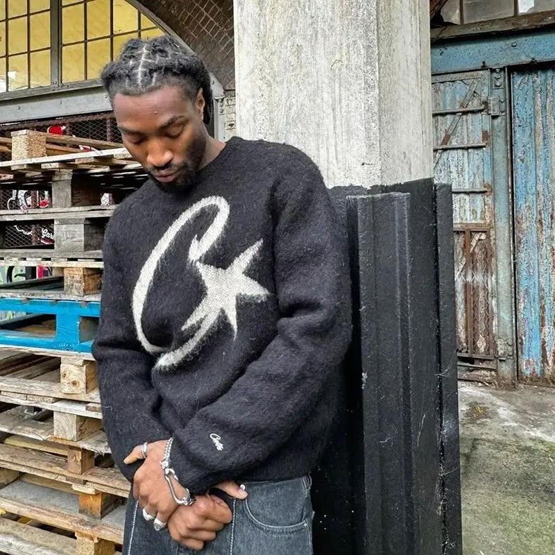 High street Hiphop Y2k Knitted sweater Harajuku Graphic Print Punk Pullover Grunge Rock Goth Oversized Casual Chic Knitt Top EMO