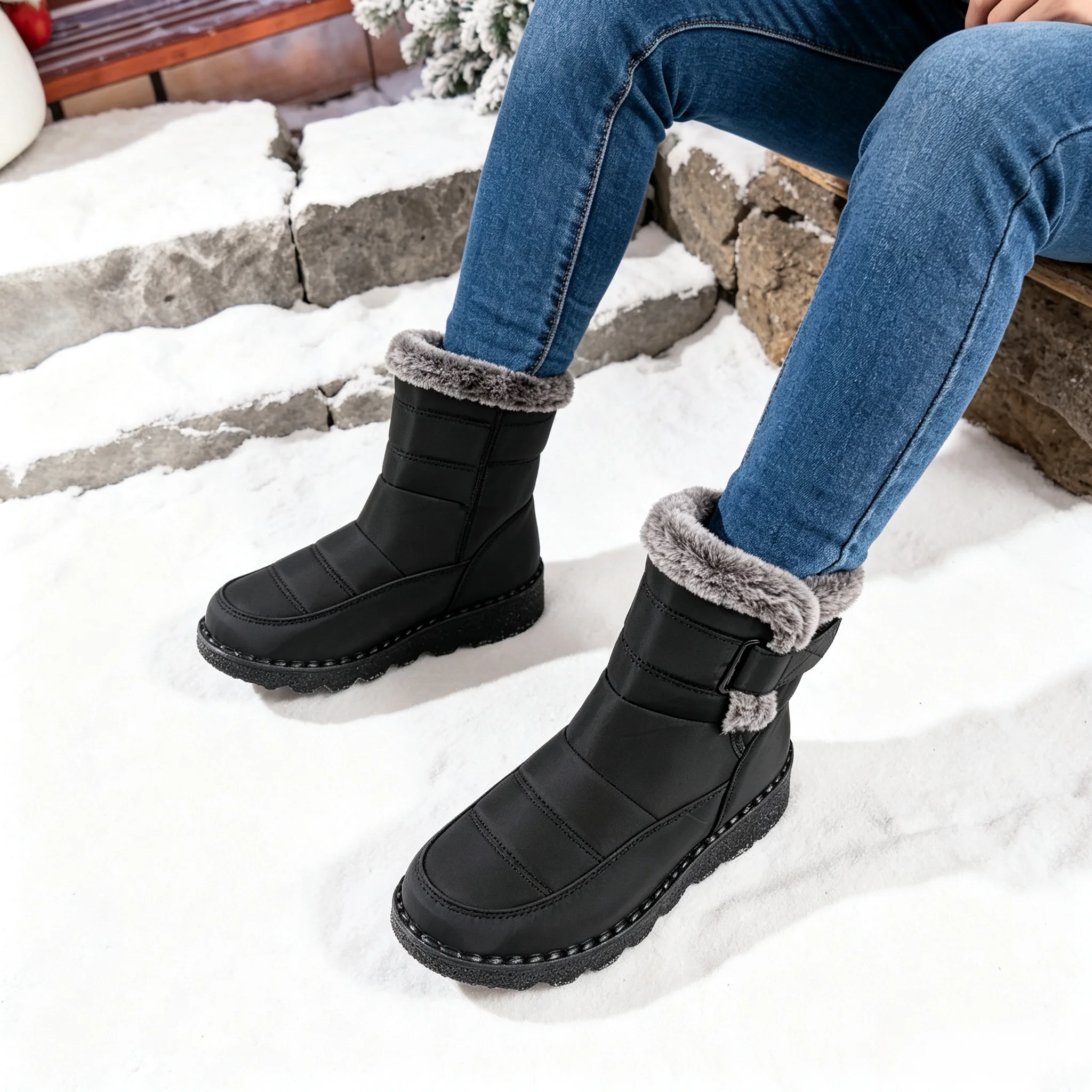 Damen Winter Pelzige Plateau-Schneestiefel 2026 Trend Wadenlange Winterstiefel Wasserdicht Rutschfest mit Schnalle Warm Flauschig Outdoor – Detail 3