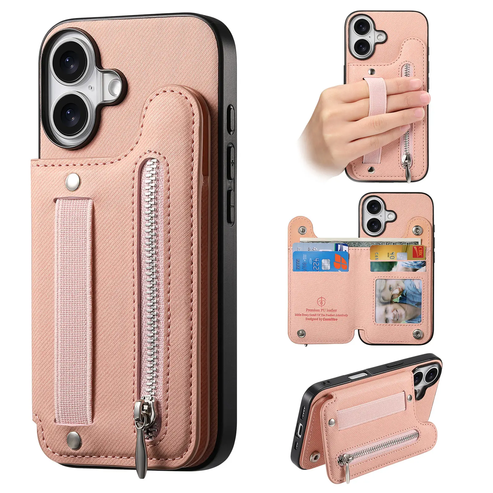 Magnetischer Reißverschluss, elastisches Handgelenkband, Karten, Solt-Brieftasche, Ledertasche für iPhone 17 17 Air 16 Plus 15 14 13 12 Ständer Flip-Cover