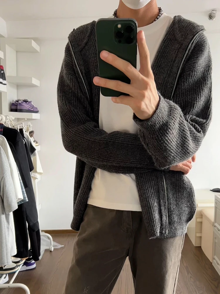 

Мужской кардиган-худи из трикотажа, повседневный, свободного кроя, с длинными рукавами, осенне-зимний, в американском ретро-стиле, с открытыми рукавами