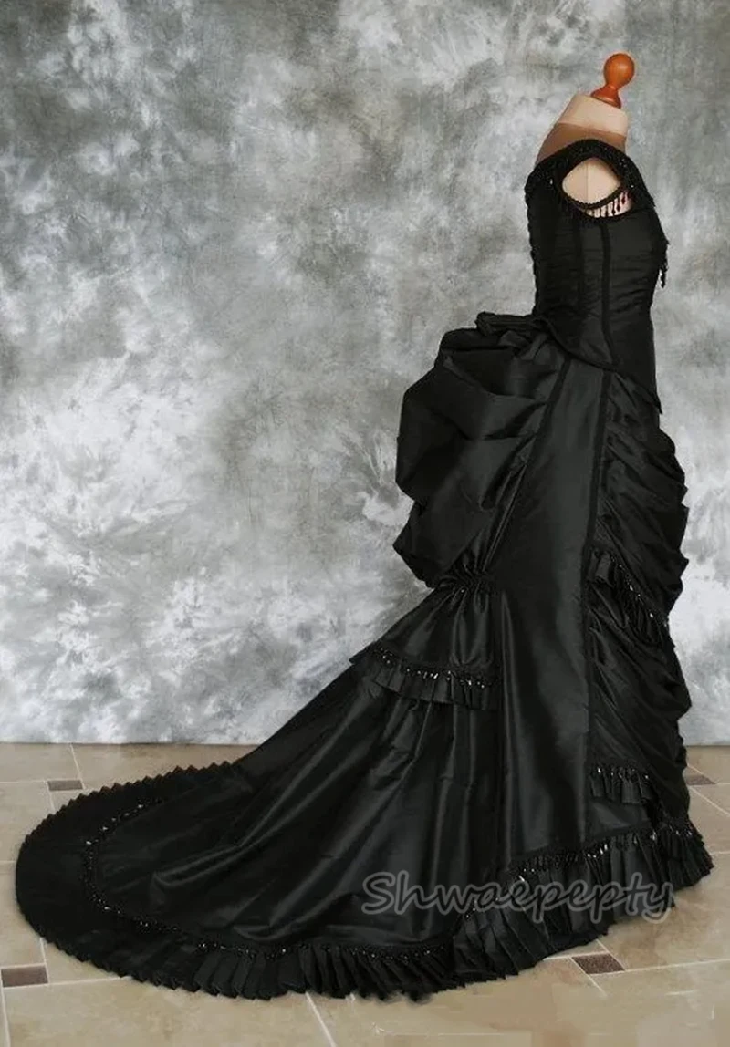 

Gothic Black Wedding Dress Beaded Victorian Bustle Women Dress Steampunk Corset Ruched Satin Long Vampire Customized Gown
