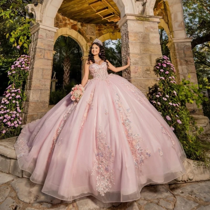 Pink Glitter Quinceanera Dresses Off Shoulder Ball Gown Sweet 16 Dress Applique Lace Bow Beads Tull Party Birthday Vestidos 15