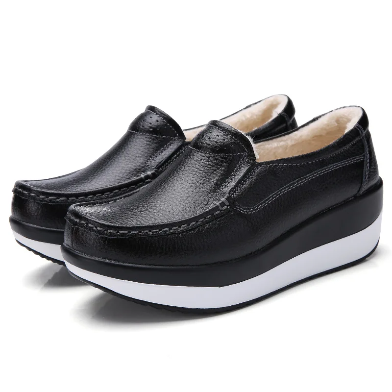 New Sexy Autumn Women Flats Platform Loafers Ladies Genuine Leather Comfort Wedge Classic Stylish thick sole Slip On Casual Shoe