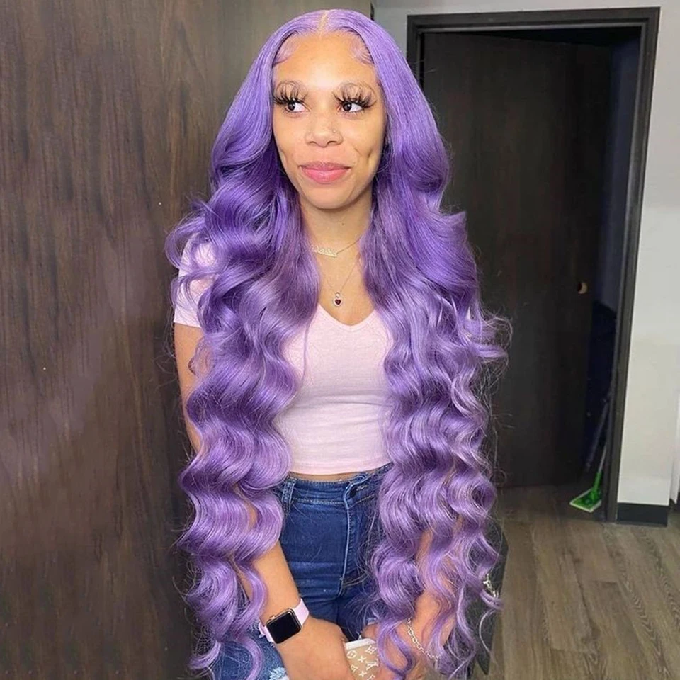 Ombre Human Hair Wig Lavender Purple Highlights Colored 13x4x1 Lace Part Wigs For Women Pre-Plucked Body Wave Wig Clearance Sale