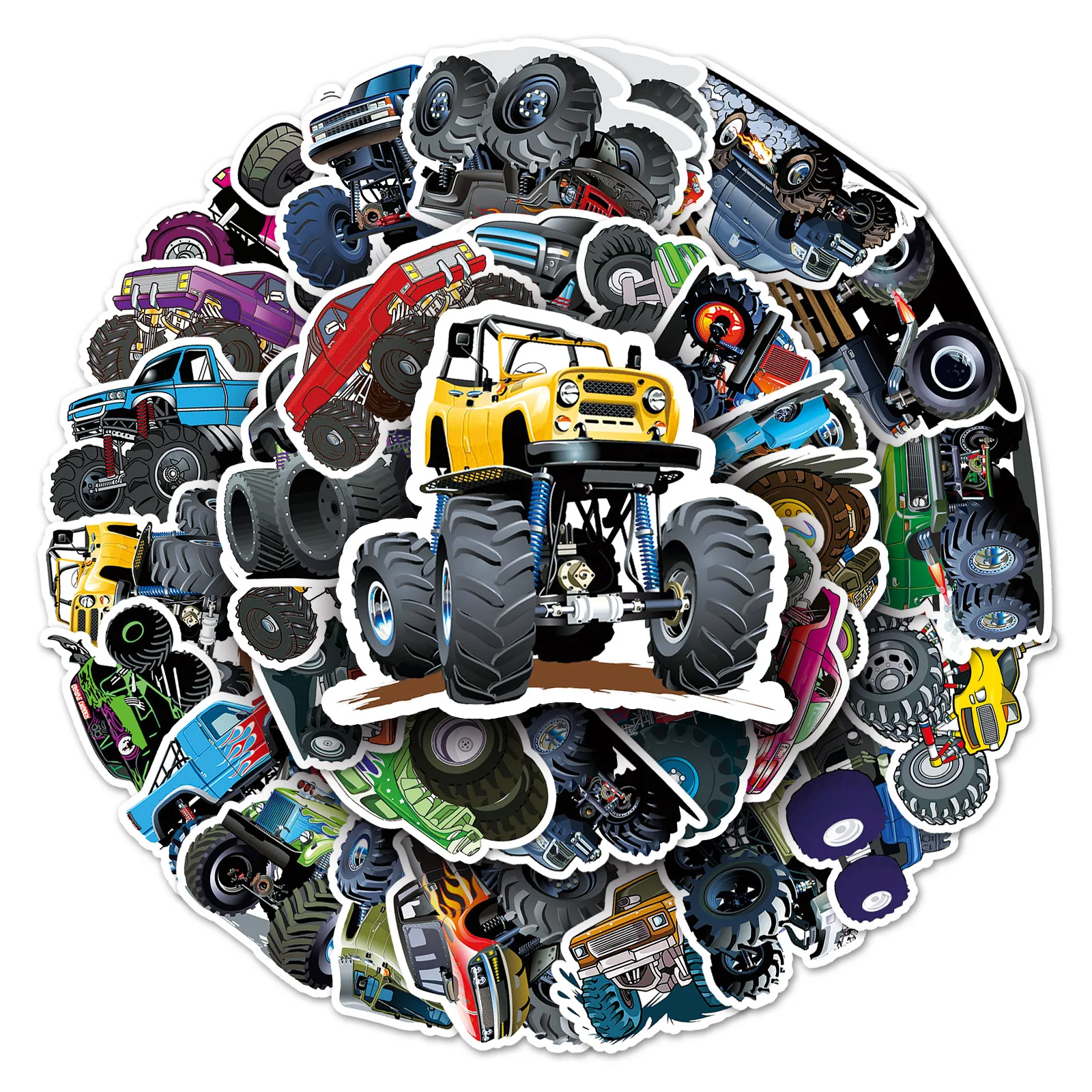 

50PCS Monster Truck Stickers Cool Big Wheels Off-Road Vehicle Cartoon Style DIY Decorative Desktop Waterproof Stickers Kids Toy