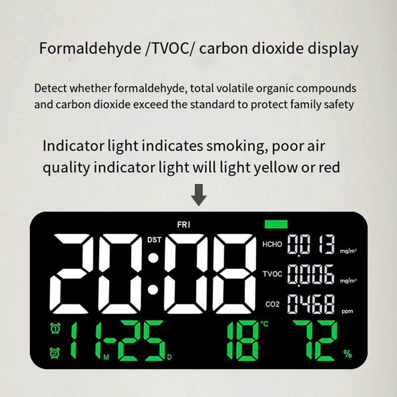 LED Digital Wall Clock Formaldehyde/CO2/TVOC Display Smoke Recognition Countdown Bedroom Decorative Clock