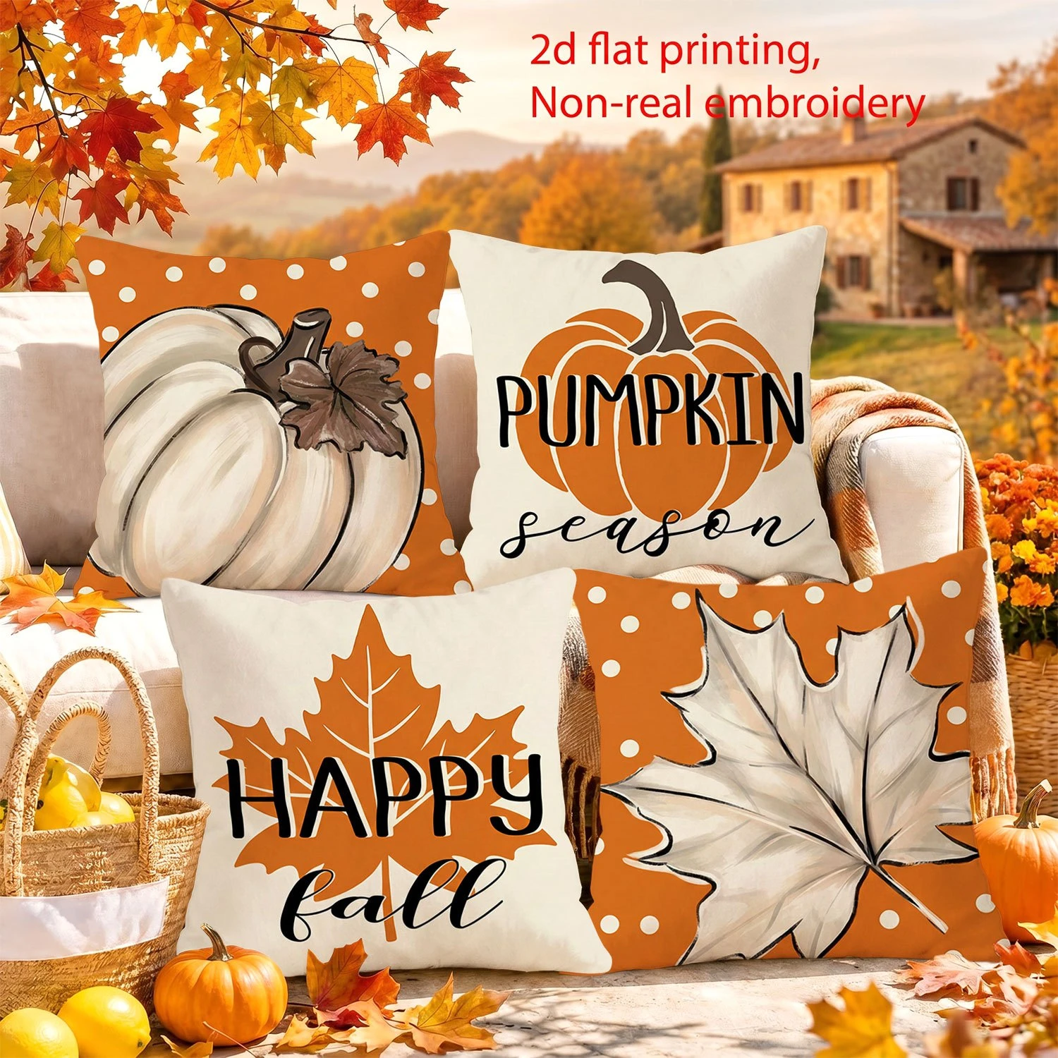 4PCS Fall Decorative Throw Pillow Covers, Vintage Blue Pumpkin Maple Leaf Farmhouse Cushion Cases for Sofa Couch Bedroom