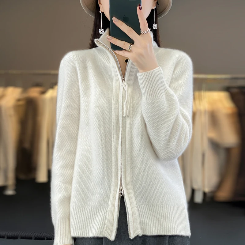 100% Wool Zippered Cardigan Women\'s Clothing Standing Collar Knitted Sweater Autumn/ Winter Slim Fitting Fashion Top Korean