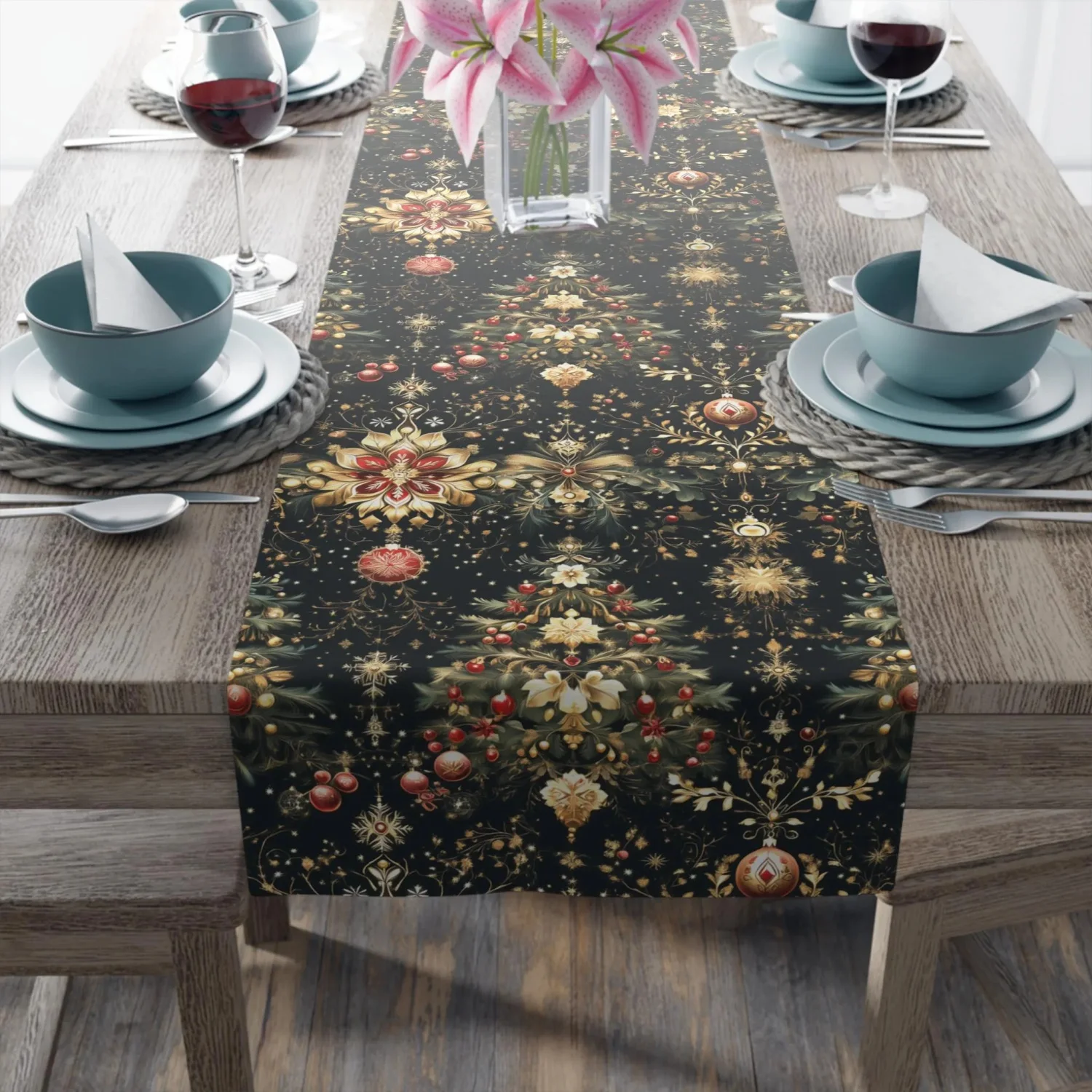 Christmas Tree Table Runner: Luxe Gold Red & Green on Deep Charcoal Holiday Table Decor