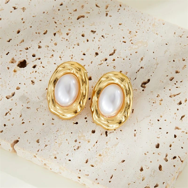 أقراط مرصعة بشكل بيضاوي غير منتظم للنساء ، فولاذ مقاوم للصدأ 316 لتر ، طراز فرنسي قديم ، لؤلؤ مُدمج ، مجوهرات راقية ، موضة جديدة ، #5