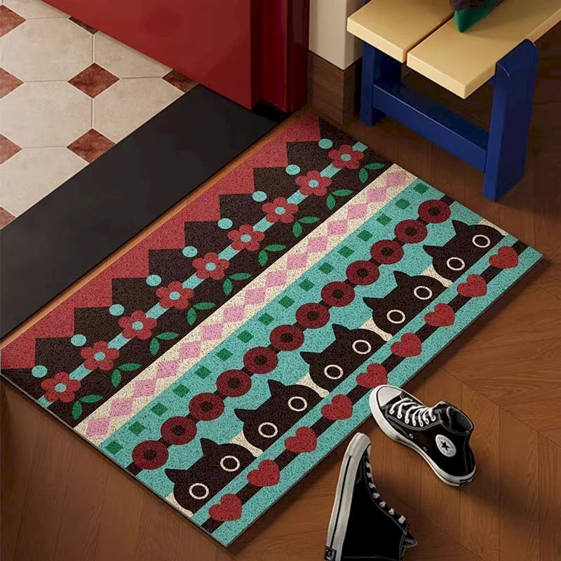 VIKAMA Cartoon Cat Anti slip Carpet Dust Collection Colorful Bohemian Pattern Door Mat Cute Animal Home Decoration