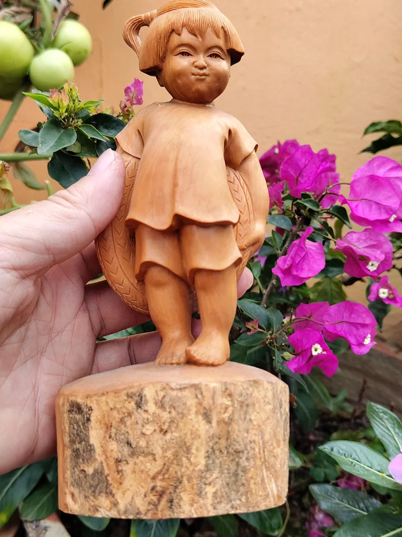

D019 - 19.5 CM High Carved Boxwood Carving Figurine : Happy Little Girl