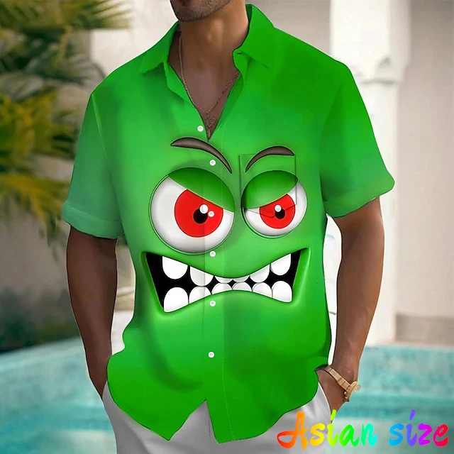 Funny Smiling Face Graphic Hawaiian Shirts Anime 3D Print Short Sleeve Blouses Vacation Party Lapel Blouse Summer Buttons Shirt