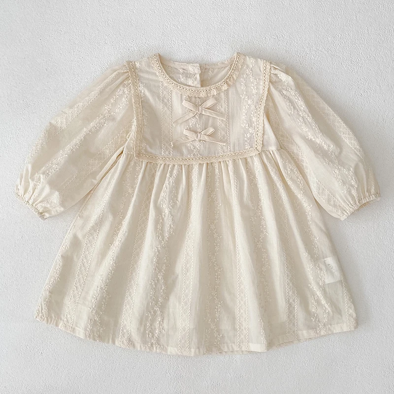 New Baby Girls Dress Bow Girls Sweet Girl Dress Ruffle Trim Party Princess Dress Lace Collar Going Out Casual Dresses Clothes