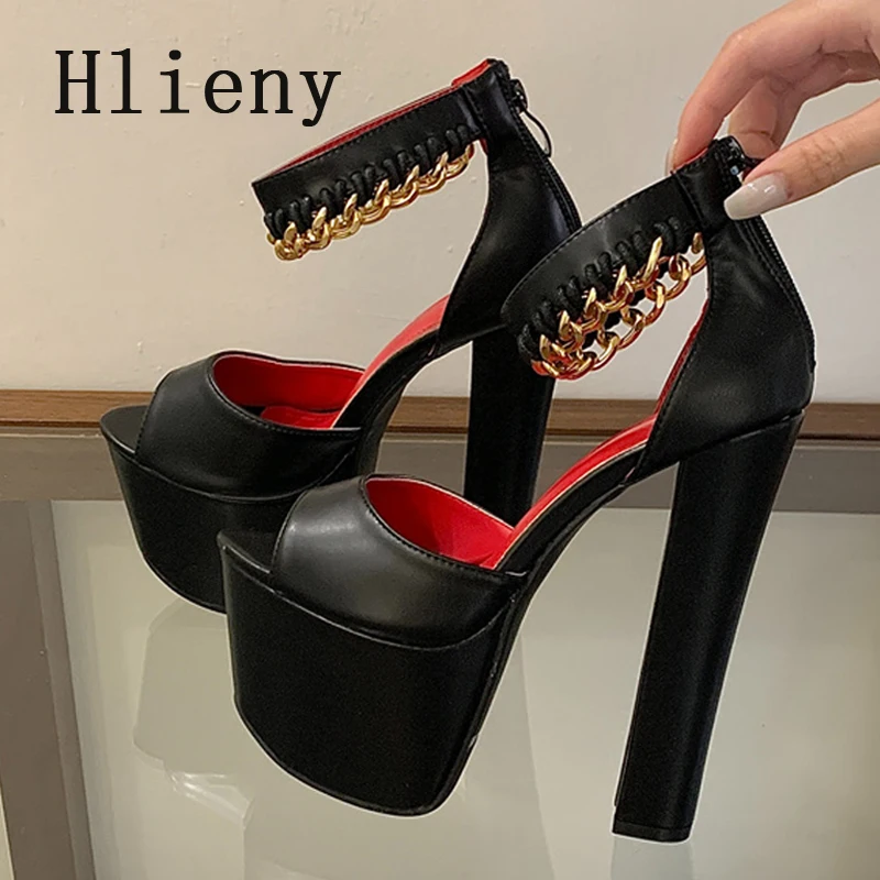 

Hlieny Fashion Chain Designe Chunky Platform Women Sandals Summer Open Toe Square High Heels Nightclub Party Dress Female Shoes