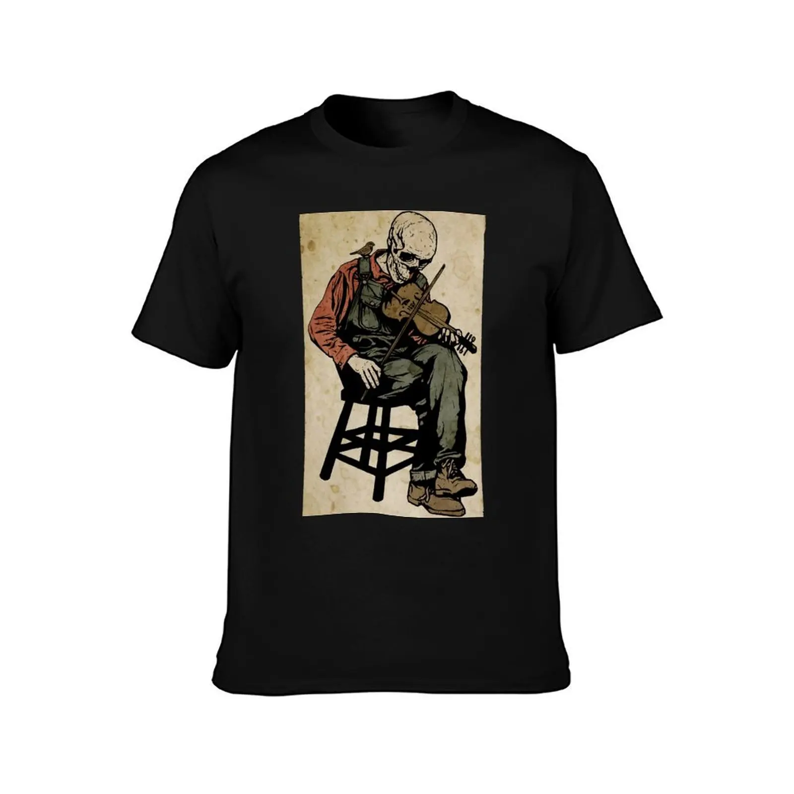 The Death Fiddler And His Sparrow Companion T-Shirt, Summer Casual Cotton Tee, Oversized Streetwear Tops, Vintage Graphic Print