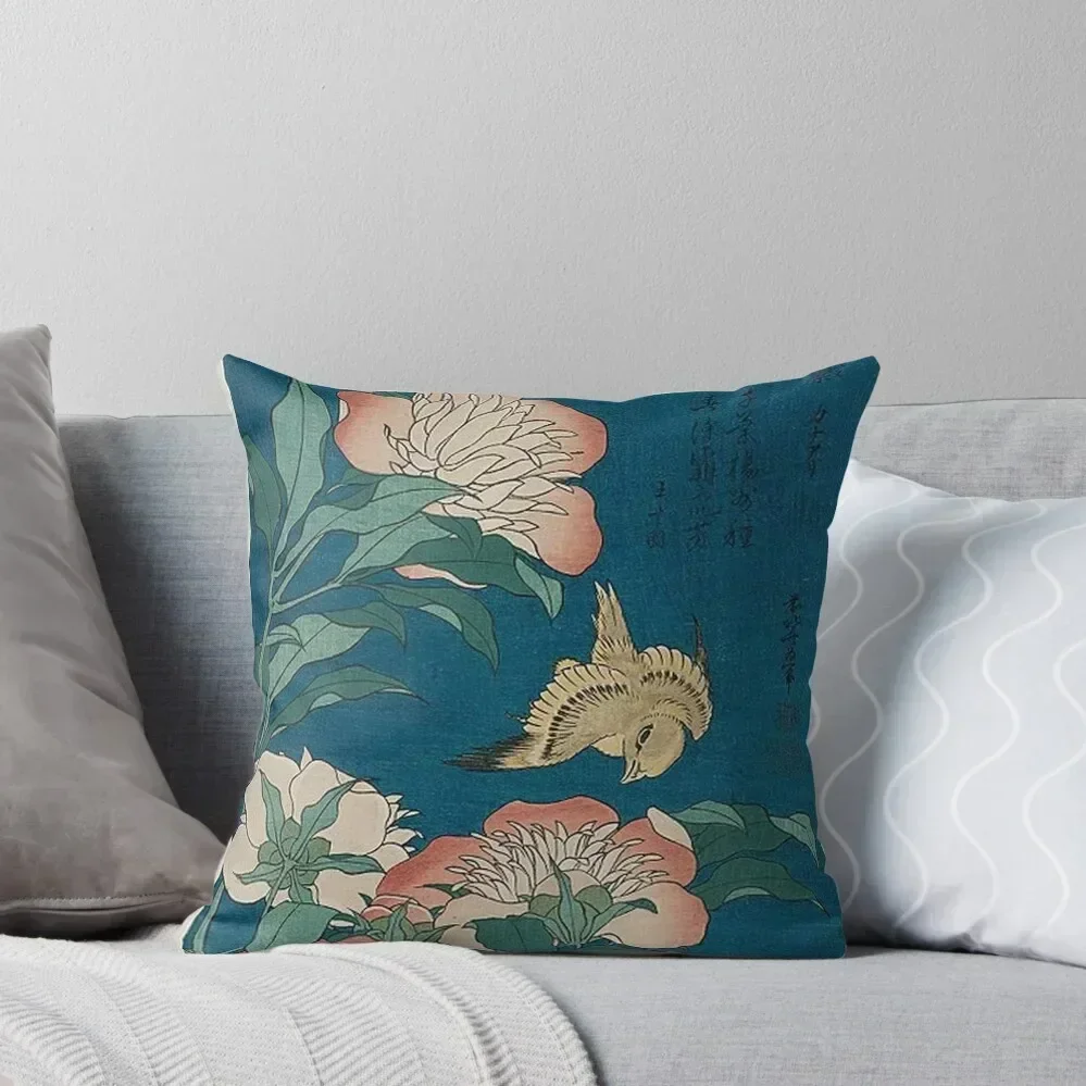 

Hokusai - Peonies and Canary Throw Pillow Couch Pillows Marble Cushion Cover Custom Cushion Photo pillow