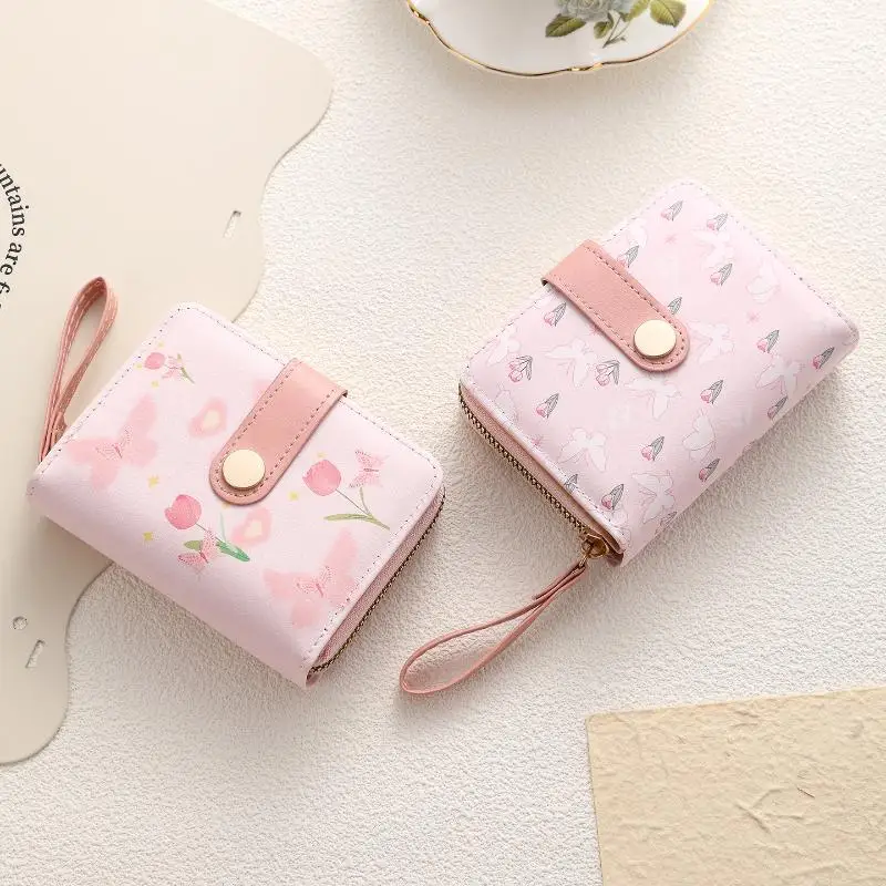 Niedliche Damen-Geldbörse mit kurzen Tulpenmuster, mehreren Kartenfächern und Handschlaufe, ideal als Accessoire für den täglichen Gebrauch, Reisen und Einkäufe. – Detail 3