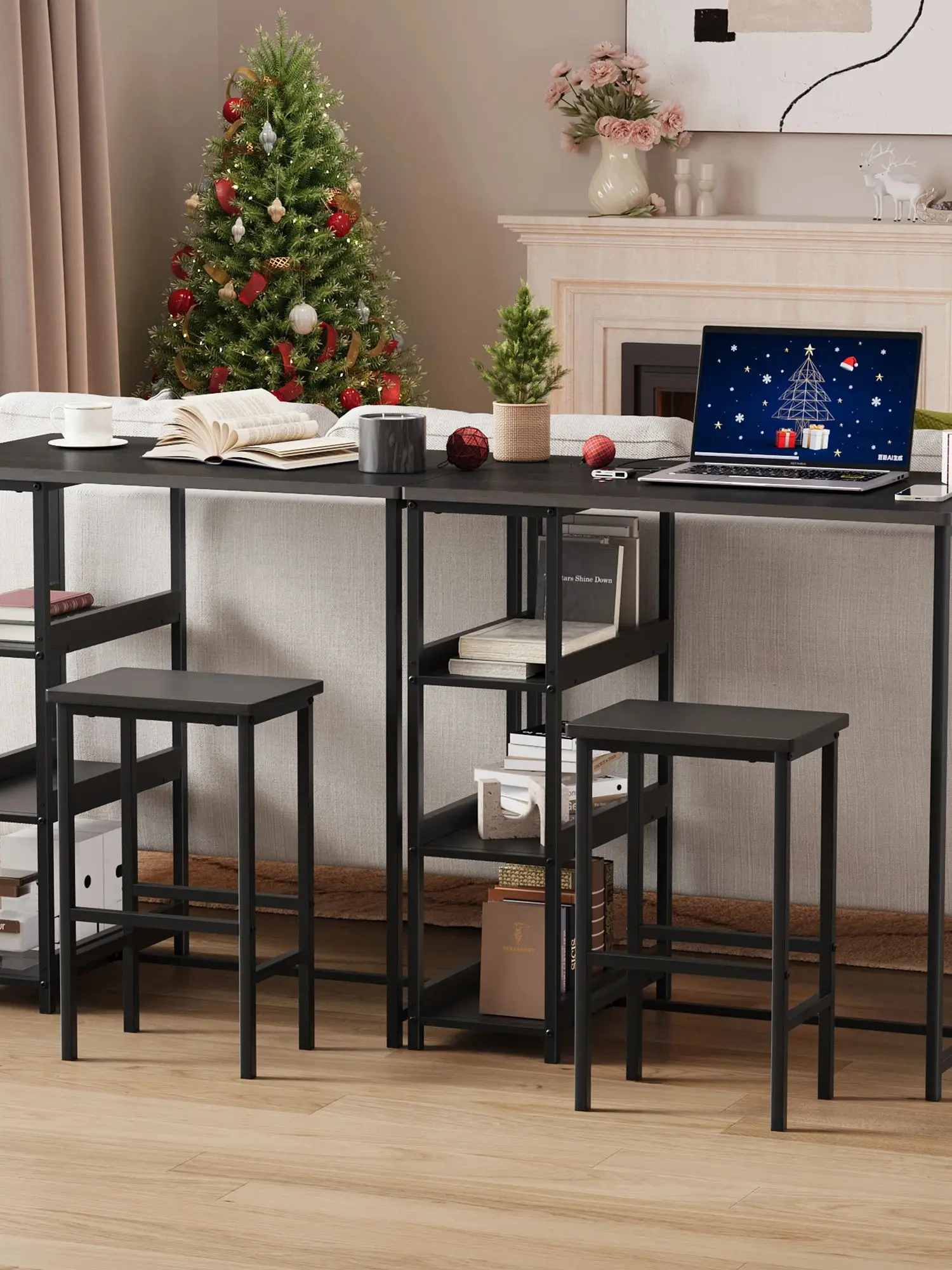 3 Piece Kitchen Table Set with Storage Shelves, Space Saving Dining Table and 2 Bar Stools, Compact Table Set for Small Spaces