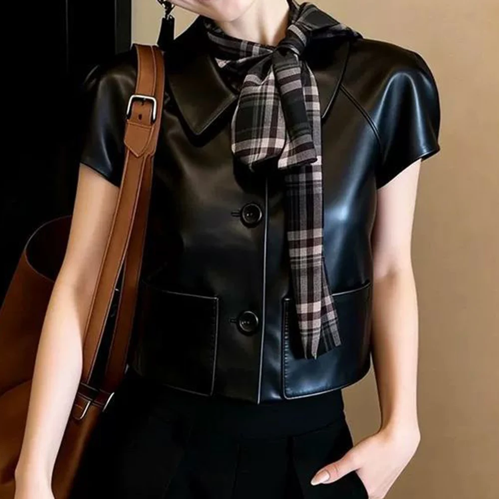 PU leather short-sleeved jacket 2026 spring new product black top women's  comfortable loose and thin comfortable interior