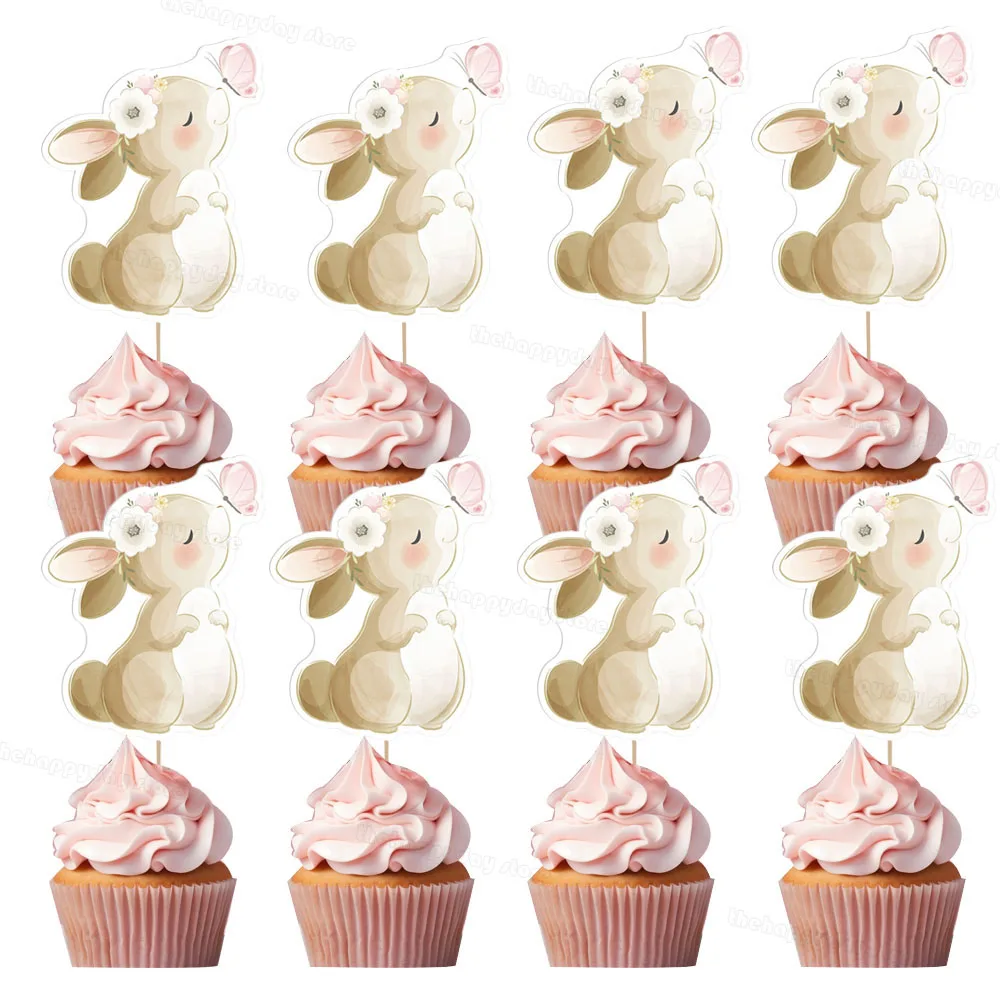 13Pcs Butterfly Rabbit Cake Toppers Pink Cupcake Cake Decorations for Girls 1st Birthday Baby Shower Wedding Cake Topper Decor