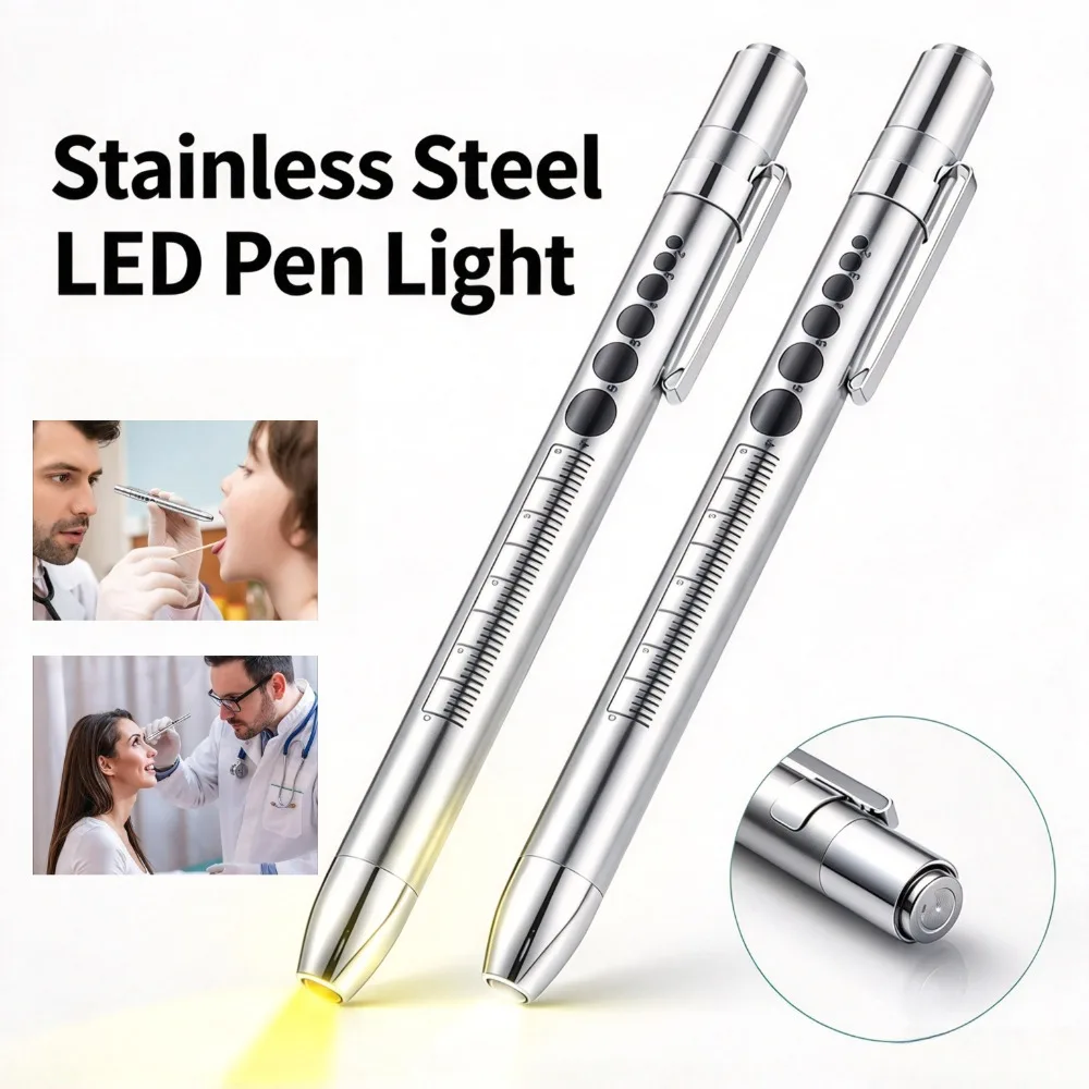 Medical Pen Light Stainless Steel LED Pen Torch with Pupil Ruler Tail Press Switch for Nurse Doctor Oral Pupil Exam