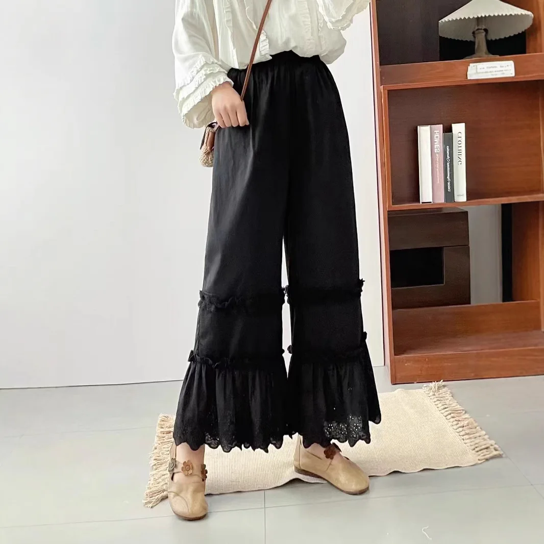 Japanese Sweet Mori Girl Embroidery Hollow Out Hem Wide Leg Pants Women Spring Summer New Elastic Waist Casual Loose Pants