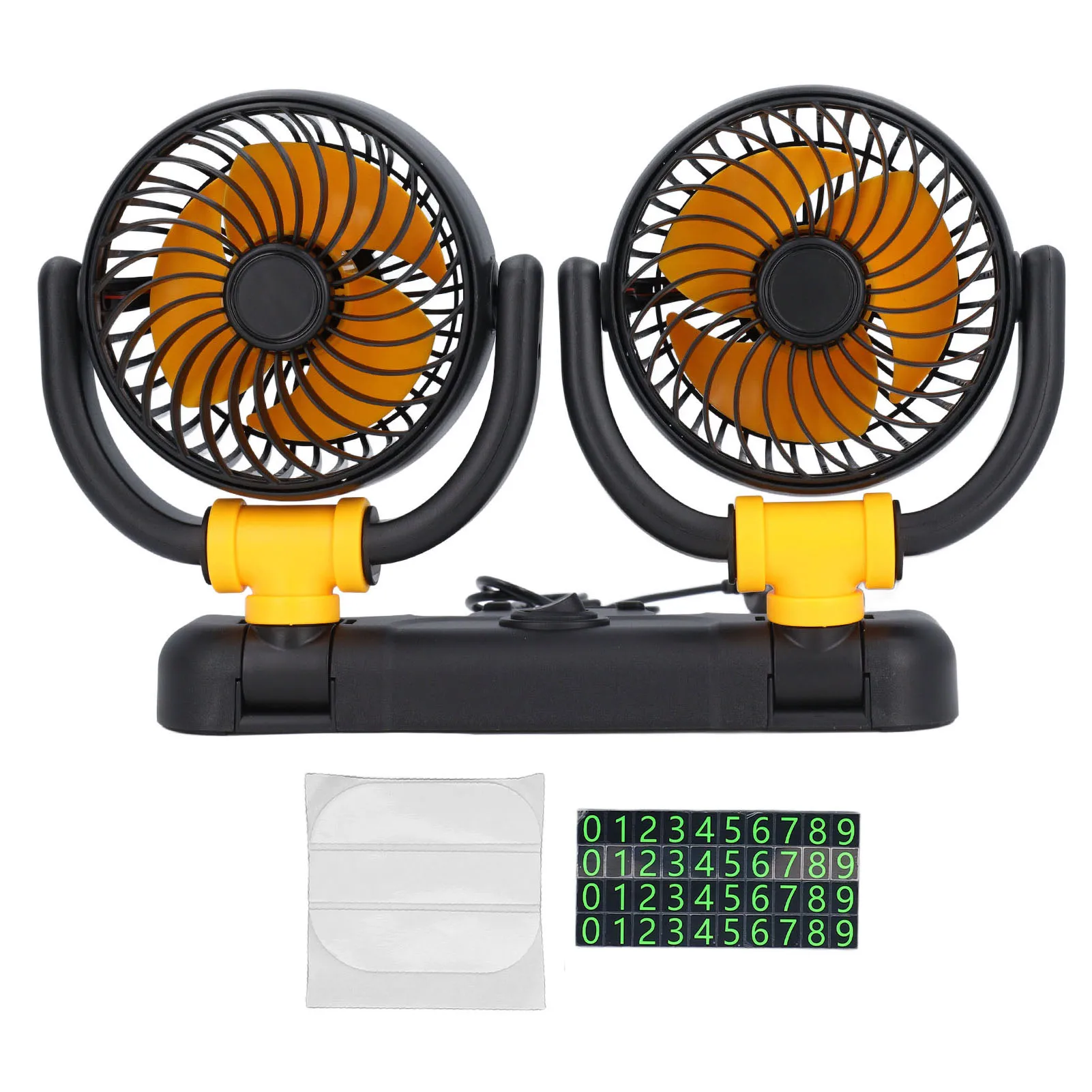 

Автомобильный вентилятор охлаждения 12В, энергосберегающий, с двумя головками, бесщеточный двигатель, низкий уровень шума, портативный, вращение на 360 градусов для автомобиля