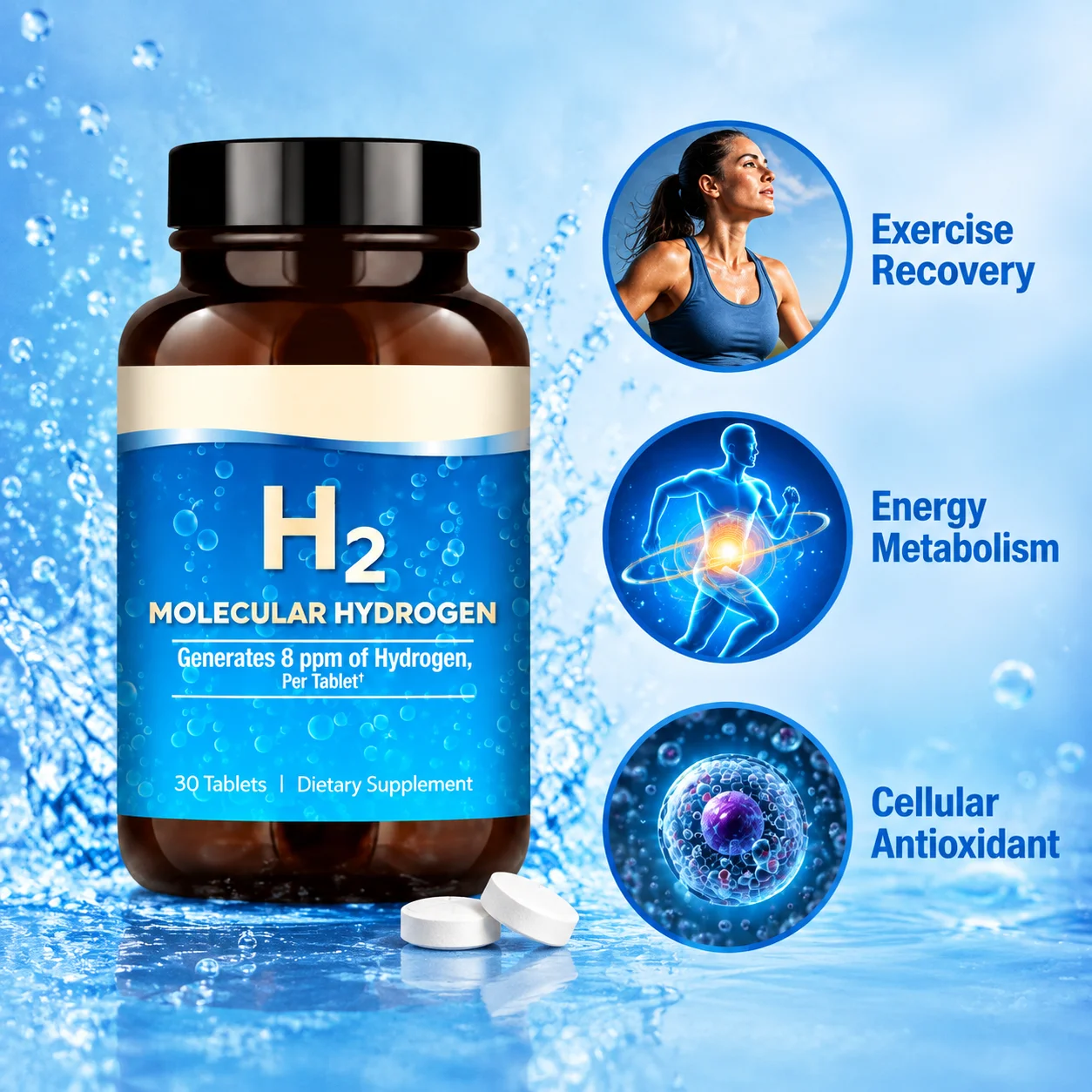 H2 Molecular Hydrogen Tablets Exercise Recovery Energy Metabolism Cellular Antioxidant Magnesium Dextrose 30 Count for Workout