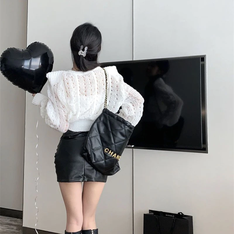 Hollow Out Pullovers Women Retro Solid Twist Puff Sleeve Right Angle Shoulder Flattering Waist Short Sweaters Design Stylish