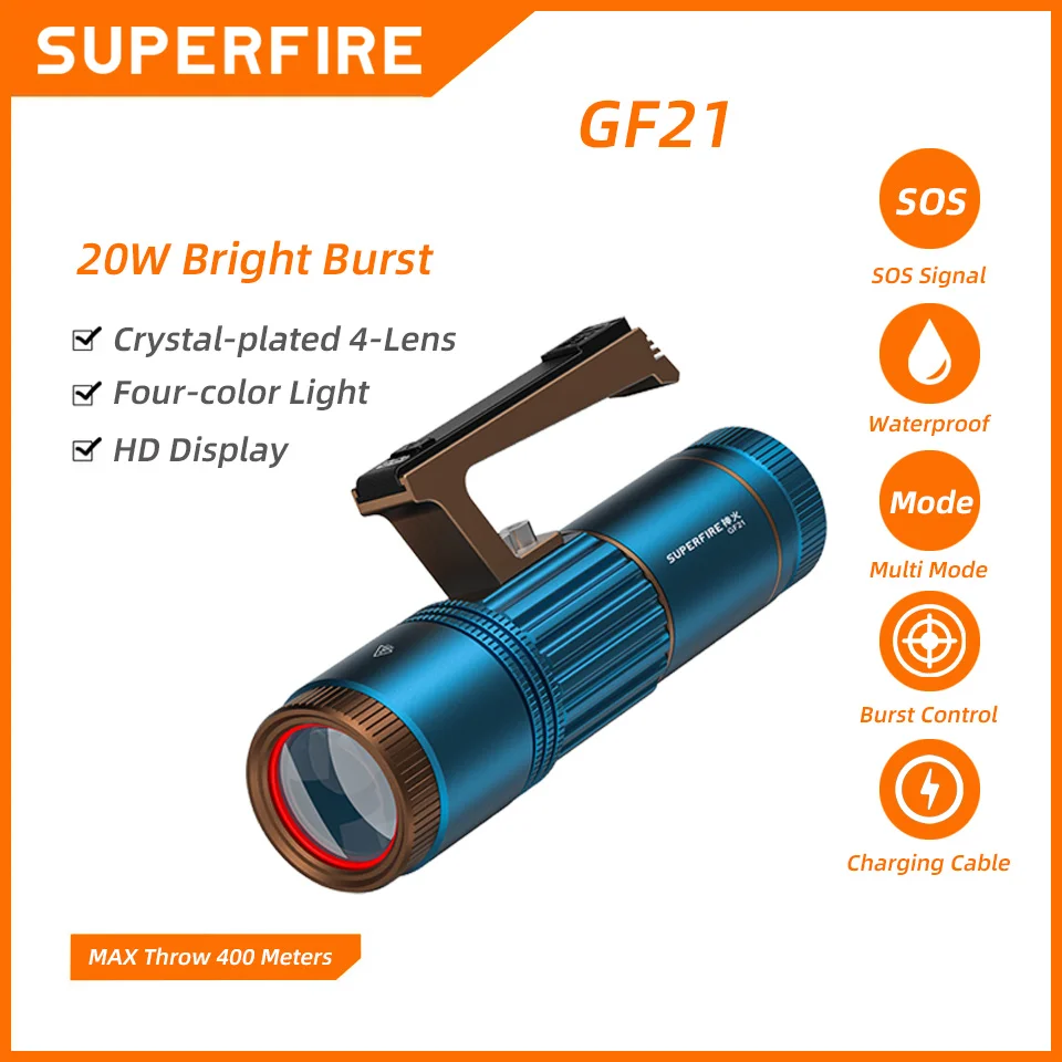 

SUPERFIRE GF21 20 Вт Рыболовный фонарь, желтый, синий, белый и фиолетовый, четырехцветный регулируемый фонарик с источником света, поддержка зума