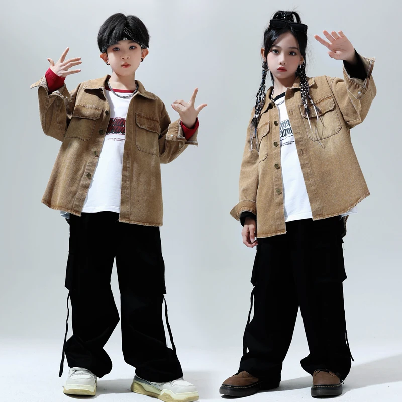 Kids Hip Hop Clothing Brown Denim Oversize Shirt Tops Casual Sweat Pants for Girls Boys Jazz Streetwear Dance Costume Clothes