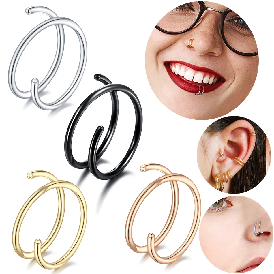 1PC Steel 20G Double Layers Nose Rings Hoop Helix Nostril Piercing Labret Lip Fake Piercing Ear Cartilage Earrings Hoop Jewelry