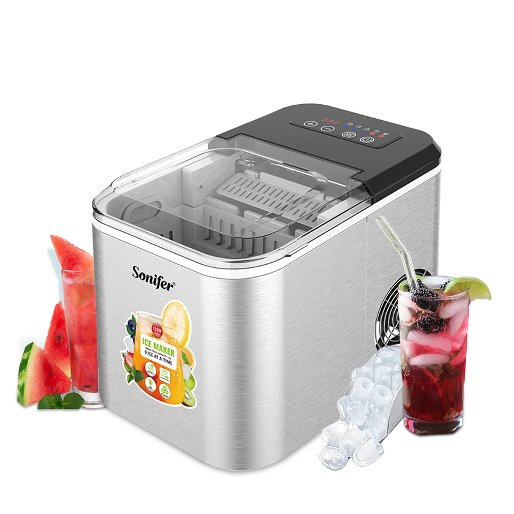 Stainless steels Ice maker, Self-cleaning 14 kg of ice in 24 hours, 9 cubes of ice in 6 minutes, less than 40 dB noise,1.6L 