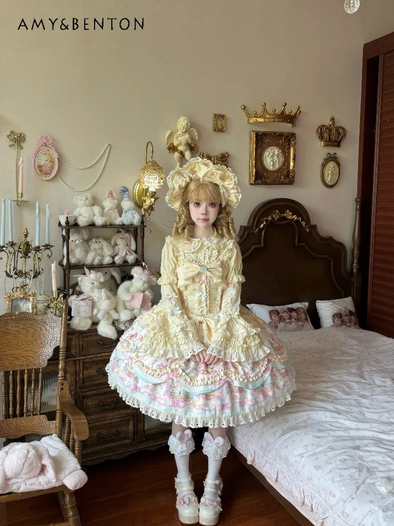 Lolita Style Kawaii Girl Puffy Dress Cute Heavy Craft Cartoon Print JSK Slim Fit Multi-layer Mini Dress Birthday Dress for Women