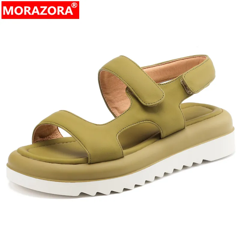 MORAZORA 2024 New Genuine Leather Platform Women's Sandals Flat With Heels Summer Sandals Concise Ladies Casual Shoes