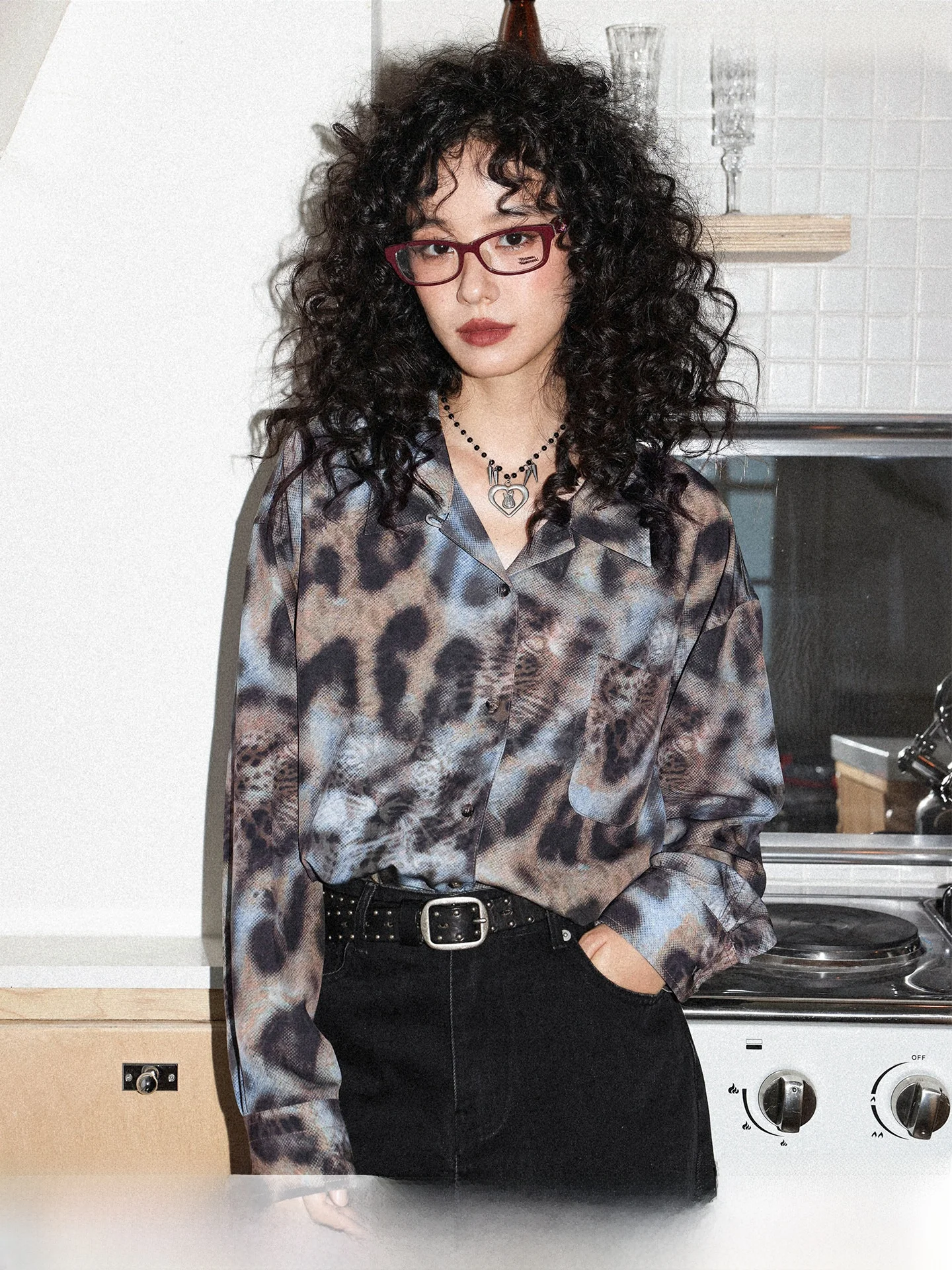 

Chemical Girl Retro Sle Long Sve Cuban Collar Leopard Pattern Women's irt Early Autumn New Arrival Breathable Polyeste...