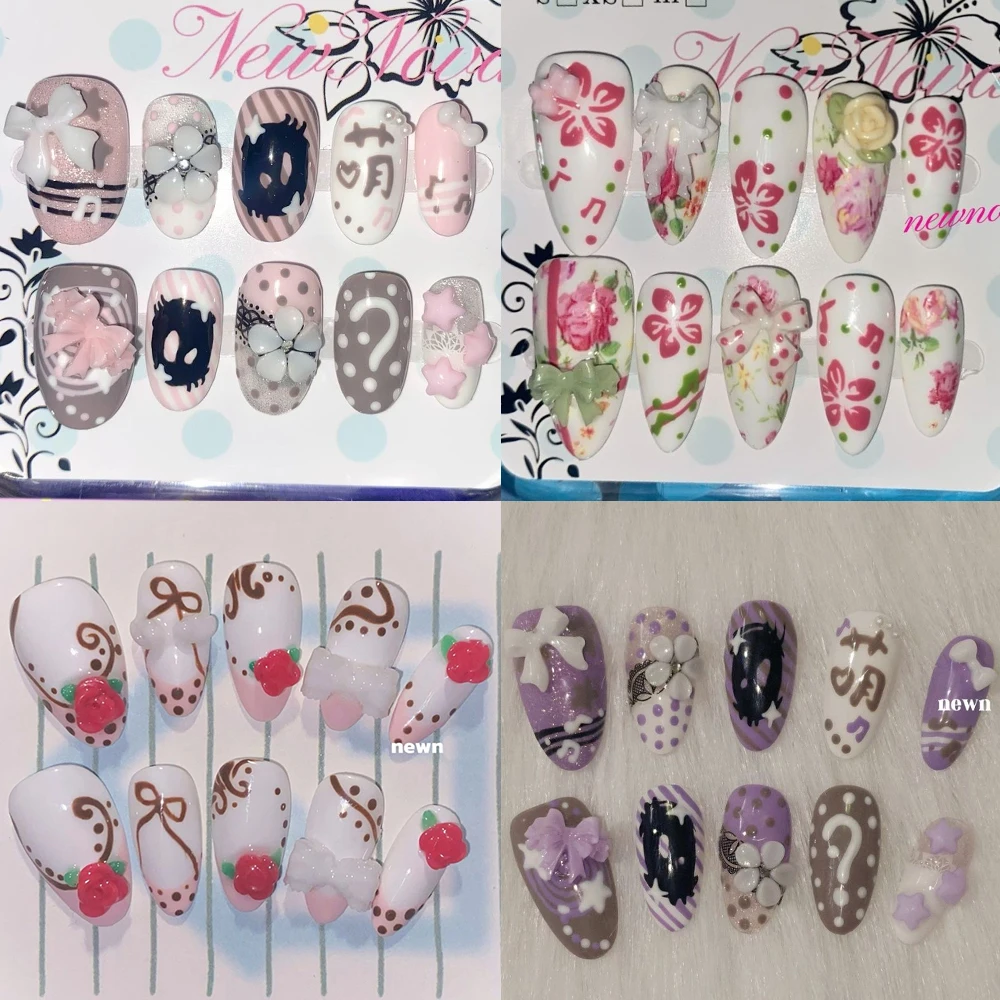 

10Pcs Y2K Kawaii Short Ruond Almond Handmade Reusable Press On Nails Hand-Drawn Flower Bowknot Diamond Pearl Full Cover Nail