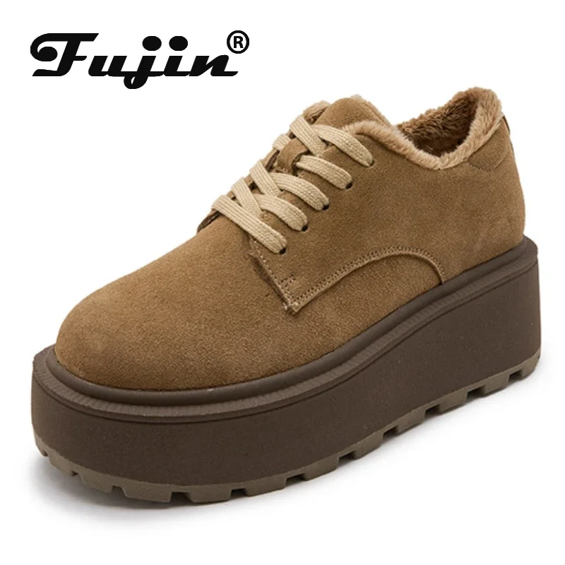

Fujin 8.5CM Cow Suede Leather Sneakers Platform Shoes Wedge Pumps Warm Fur Fashion Sneakers Women Winter Shoes