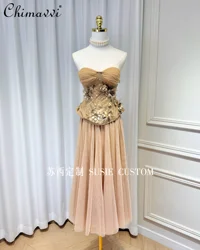 French Elegant Evening Skirt Sets 3D Mesh Flower Sequin Strapless Tops Elastic High Waist A-line Long Skirt Two-piece Set Women
