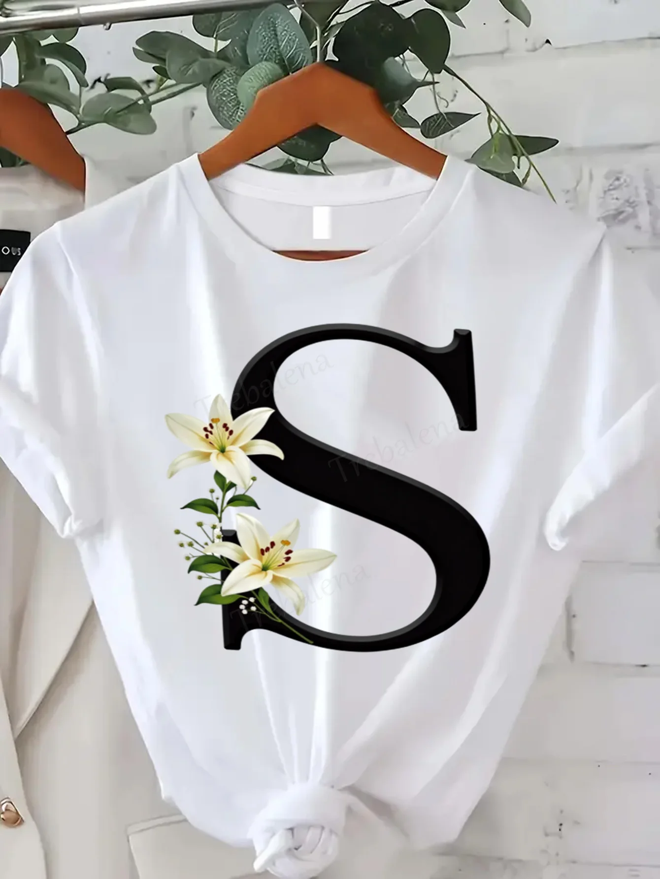 Comoda maglietta con stampa da donna T-shirt con iniziali floreali S Top estivo casual da donna Stampa di lettere bianche