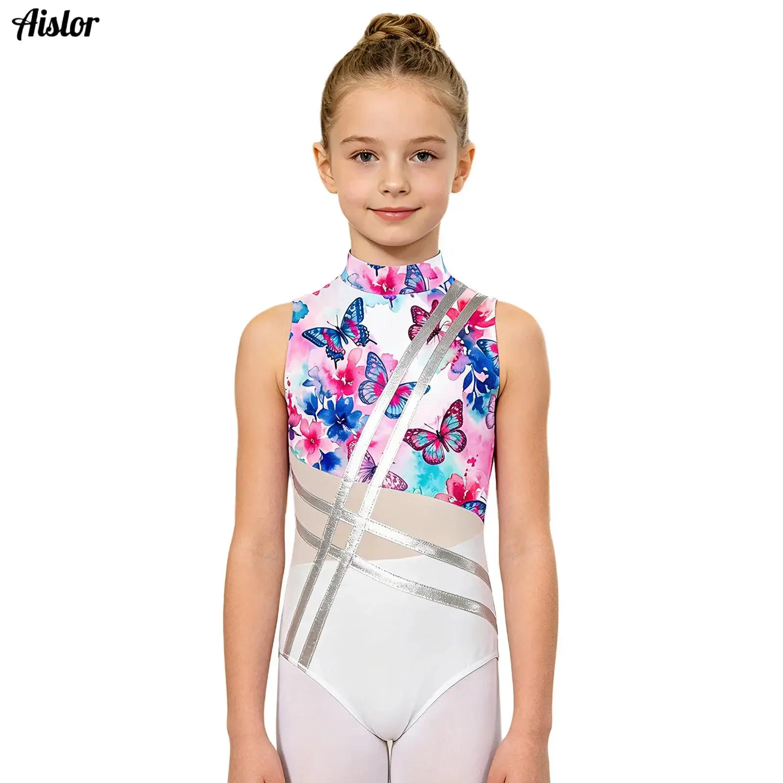 

Kids Girls Rhinestones Ballet Jersey Gymnastics Dance Leotard Asymmetrical Color Block Bodysuit Skating Stage Performance Wear